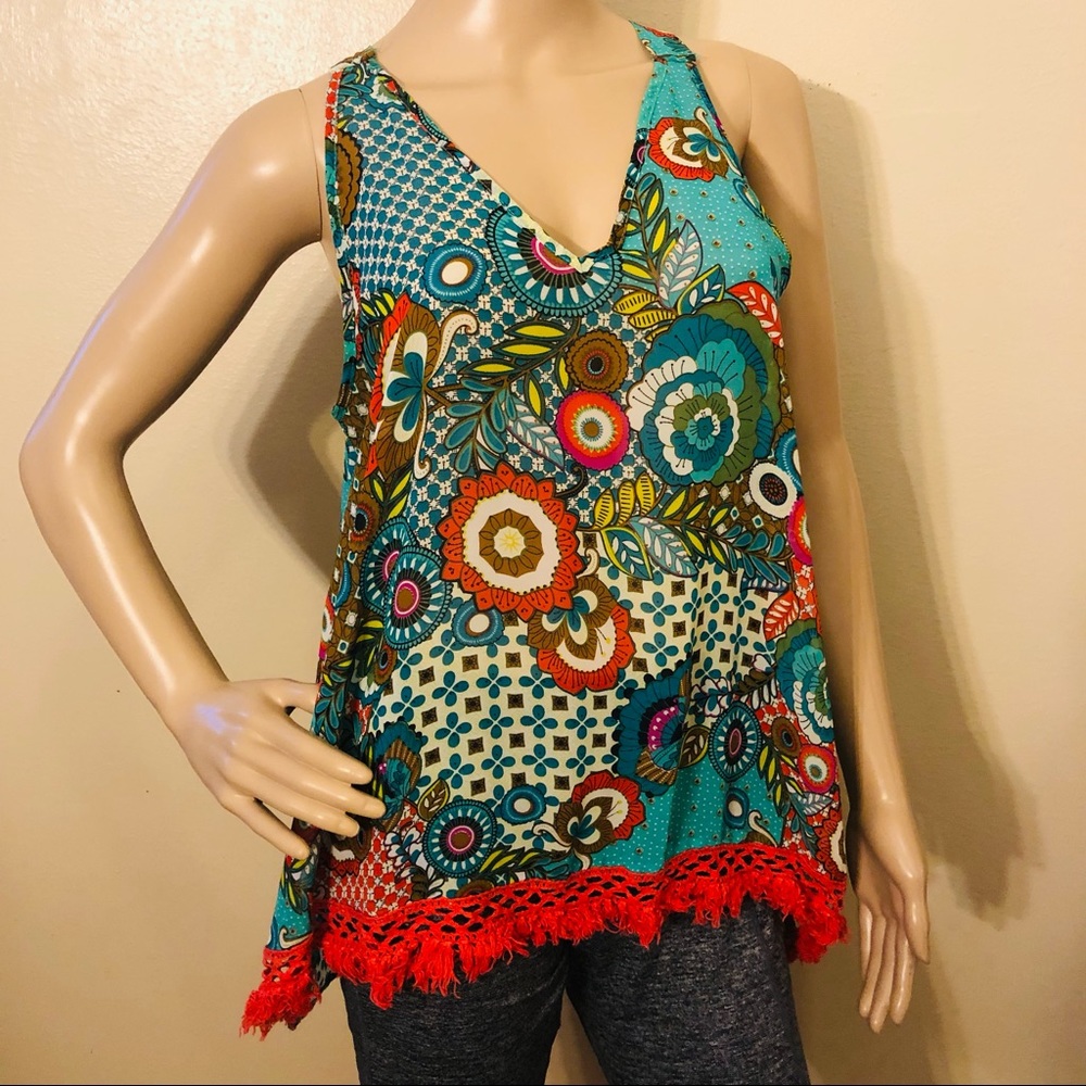 Umgee Boho Floral Geometric Fringe Tank Top Tunic - Size Medium